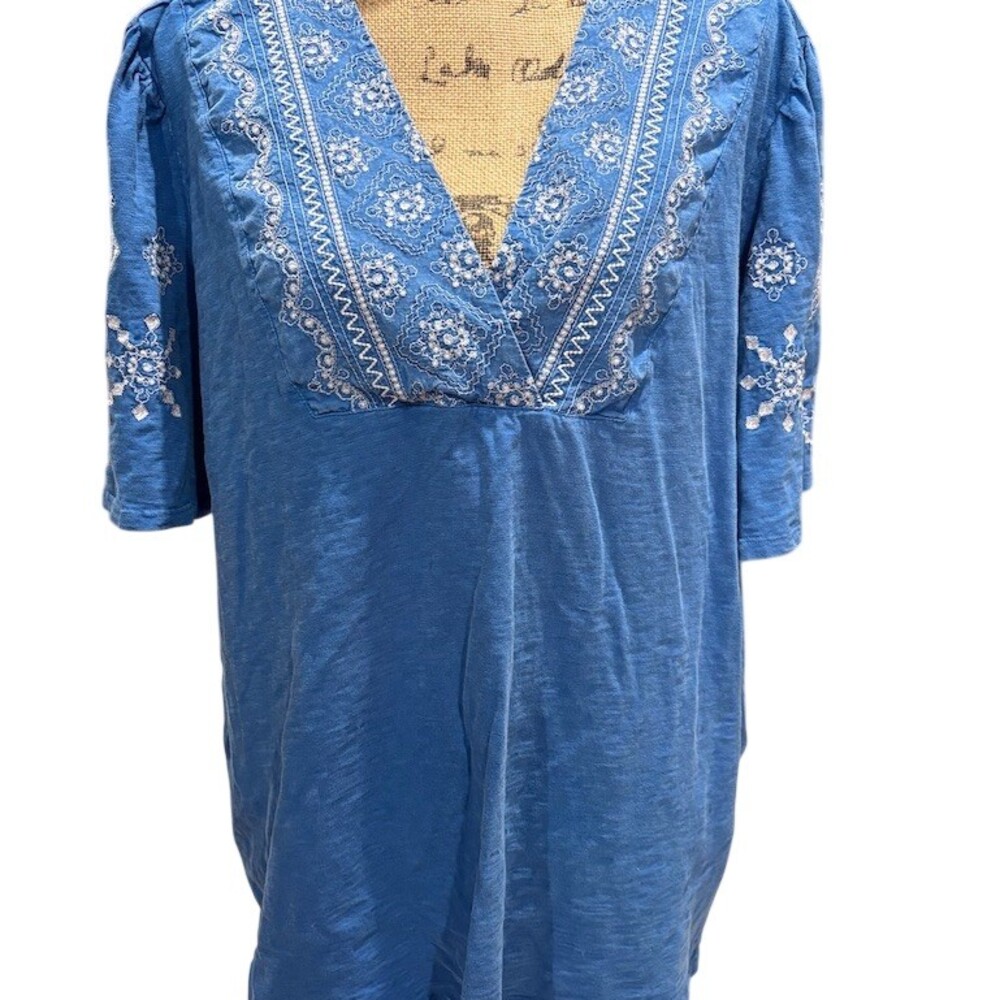 Pure Jill J.Jill Tunic Top Womens 3XL Blue Embroidered Boho 3/4 Sleeve